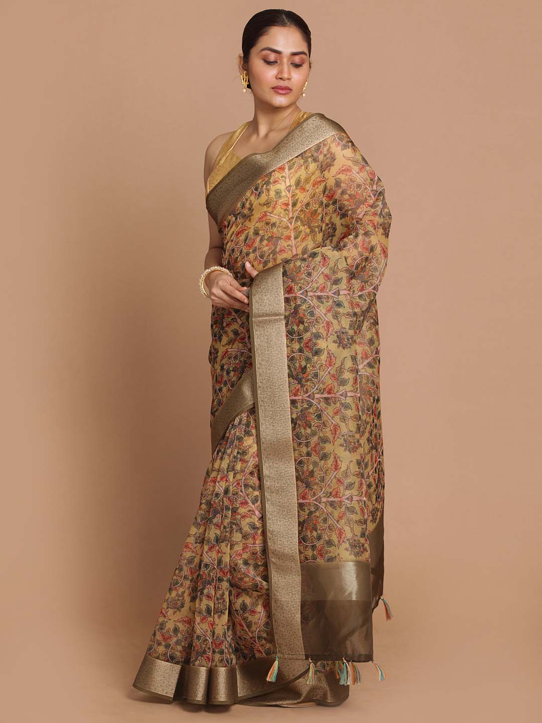 Indethnic Banarasi Olive Printed Party Wear Saree - View 1