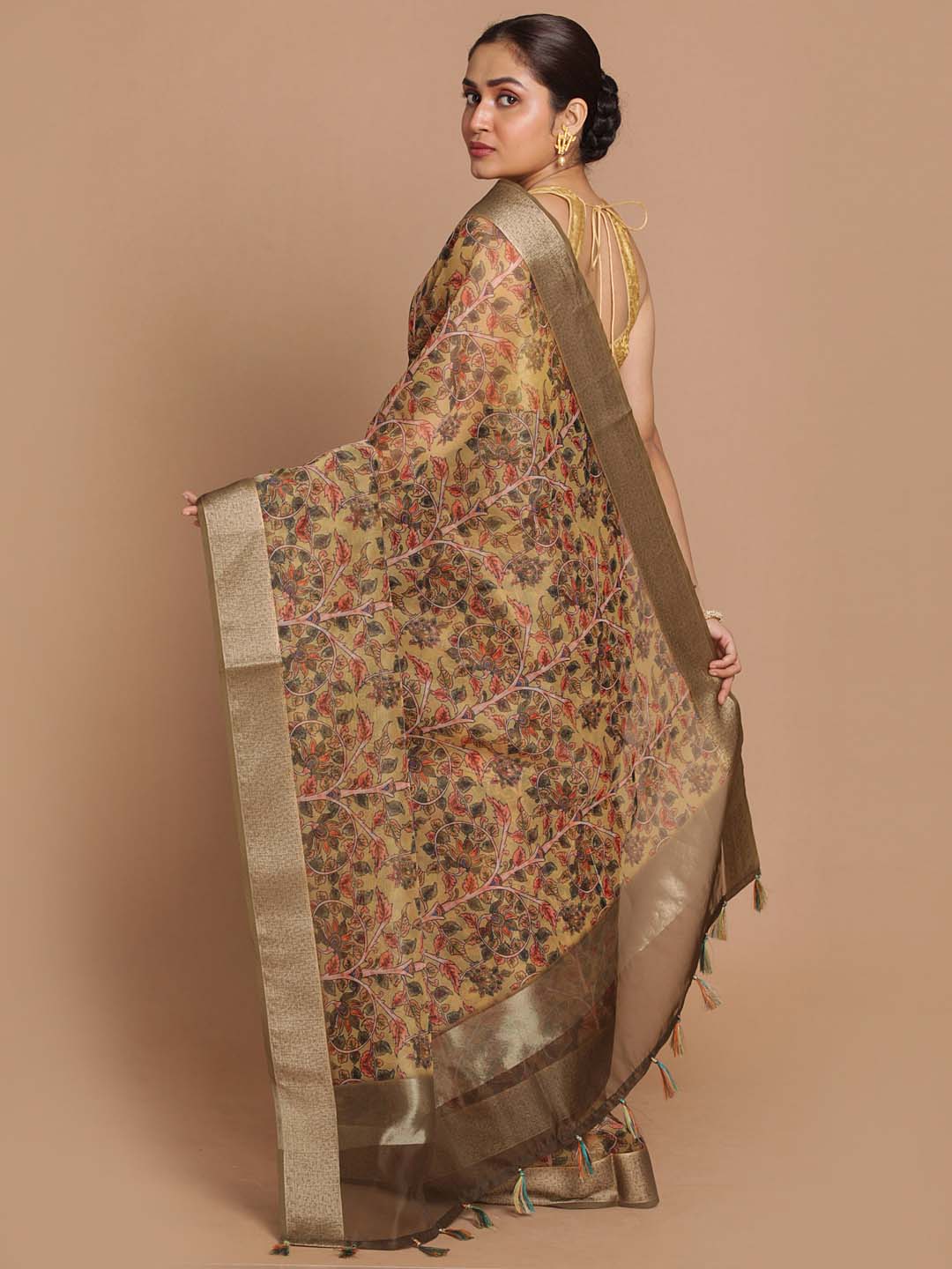 Indethnic Banarasi Olive Printed Party Wear Saree - View 3
