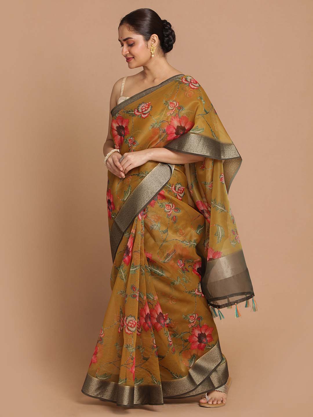 Indethnic Banarasi Olive Printed Party Wear Saree - View 2