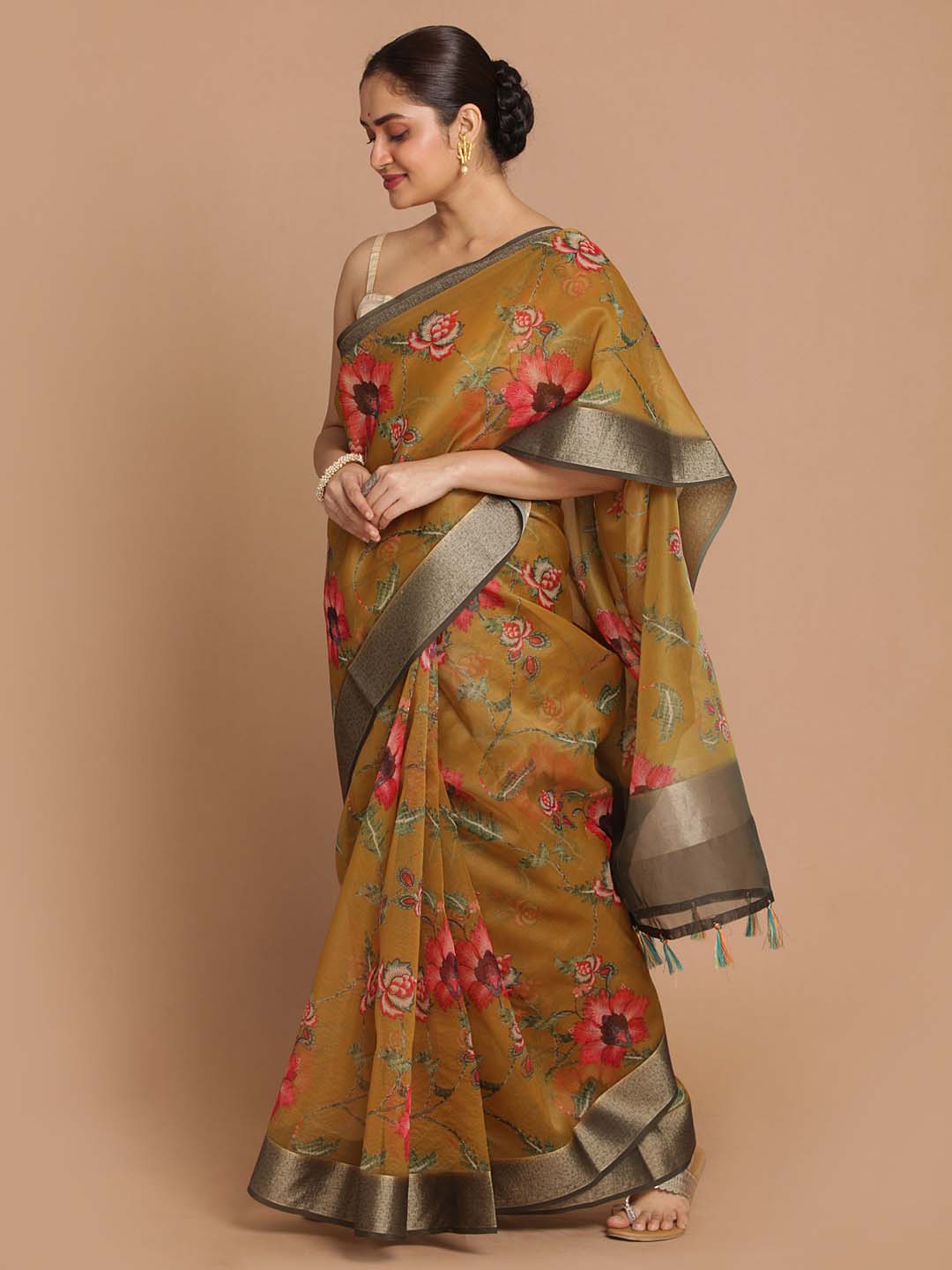 Indethnic Banarasi Olive Printed Party Wear Saree - View 1