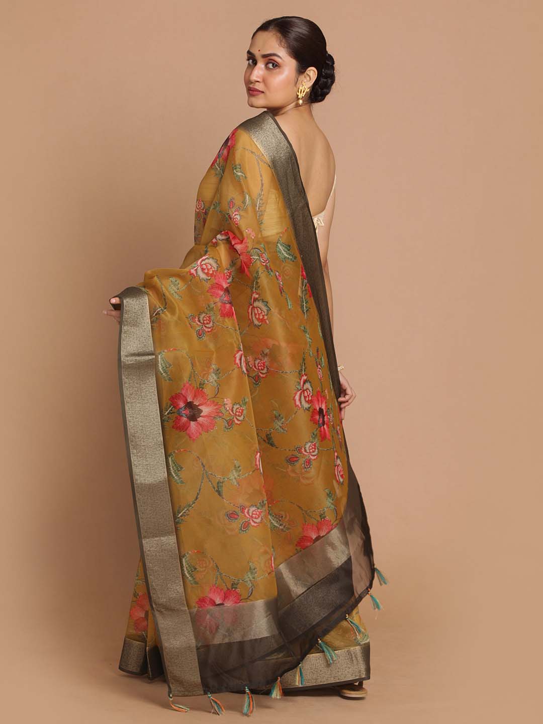 Indethnic Banarasi Olive Printed Party Wear Saree - View 3