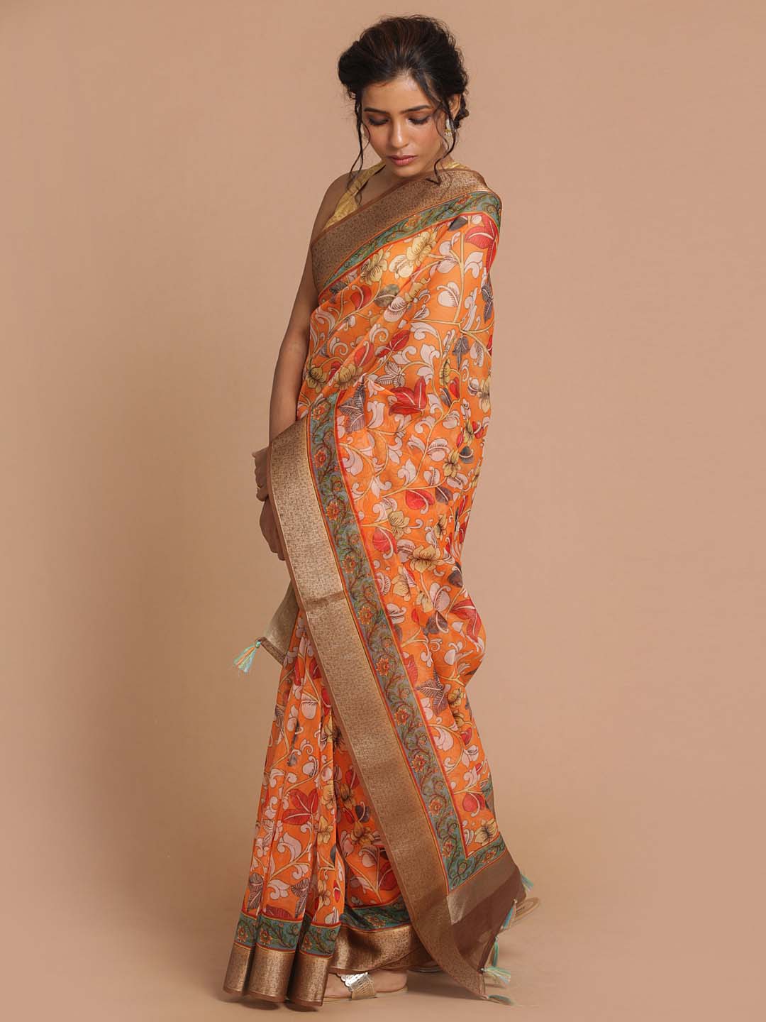 Indethnic Banarasi Orange Printed Party Wear Saree - View 1