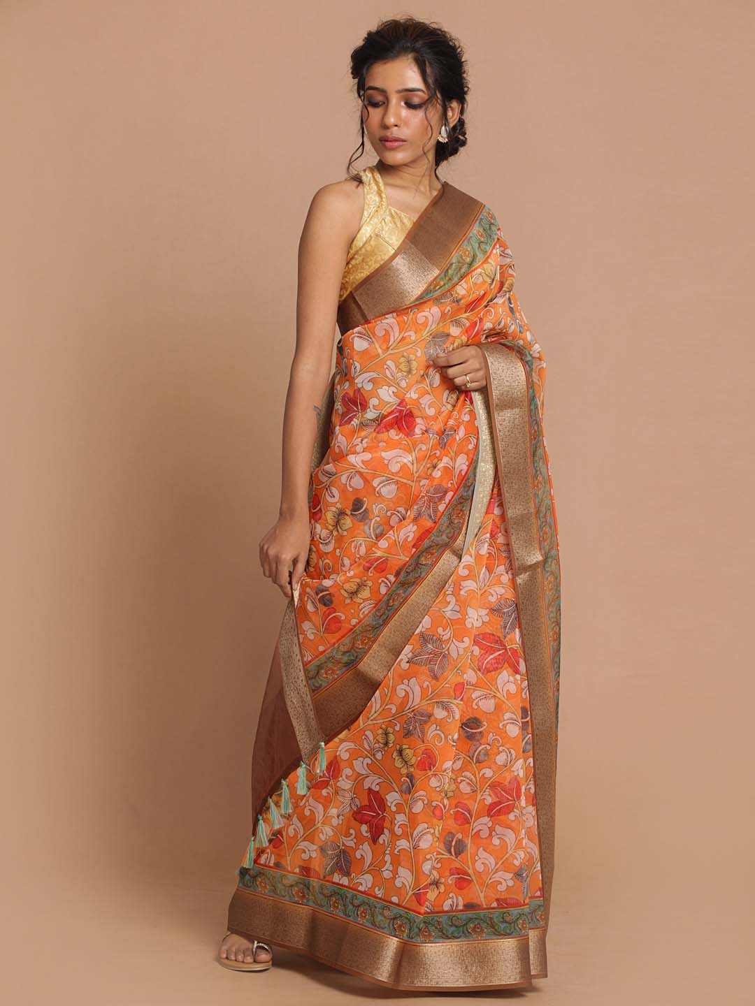 Indethnic Banarasi Orange Printed Party Wear Saree - View 2