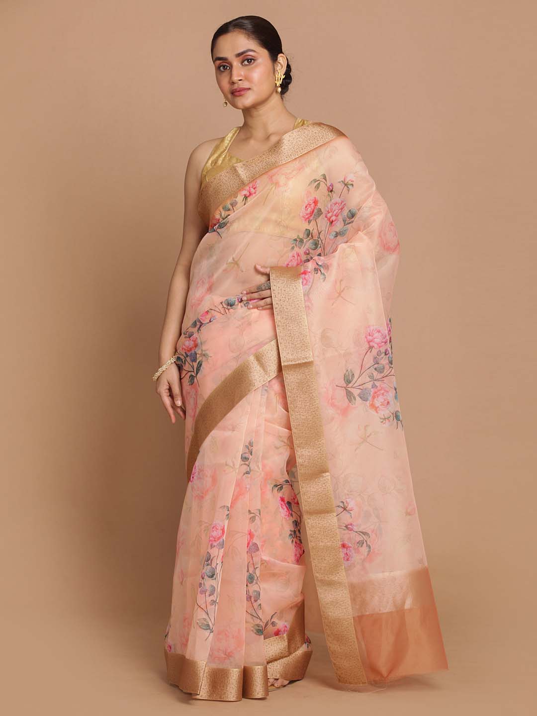 Indethnic Banarasi Peach Printed Party Wear Saree - View 1