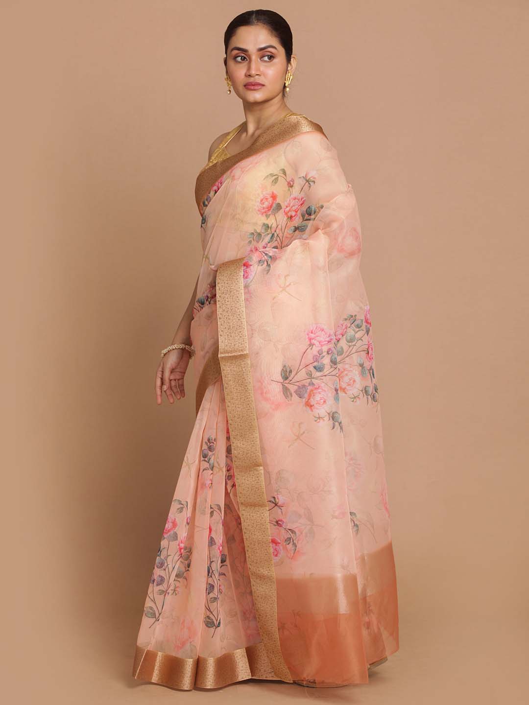 Indethnic Banarasi Peach Printed Party Wear Saree - View 2