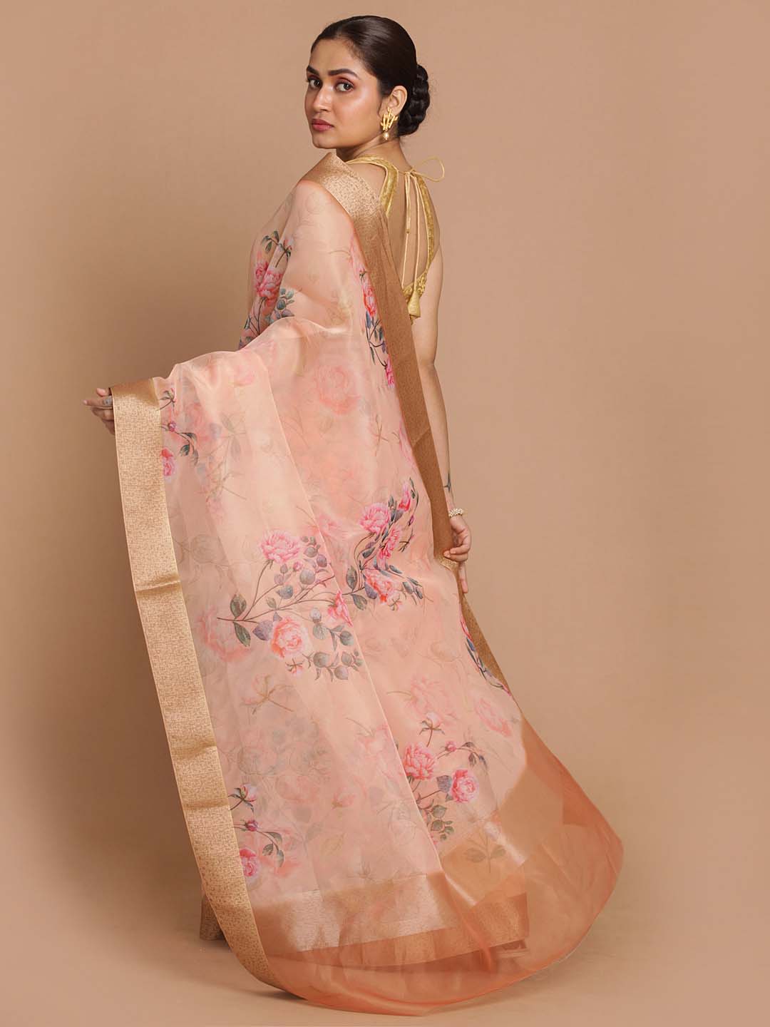 Indethnic Banarasi Peach Printed Party Wear Saree - View 3