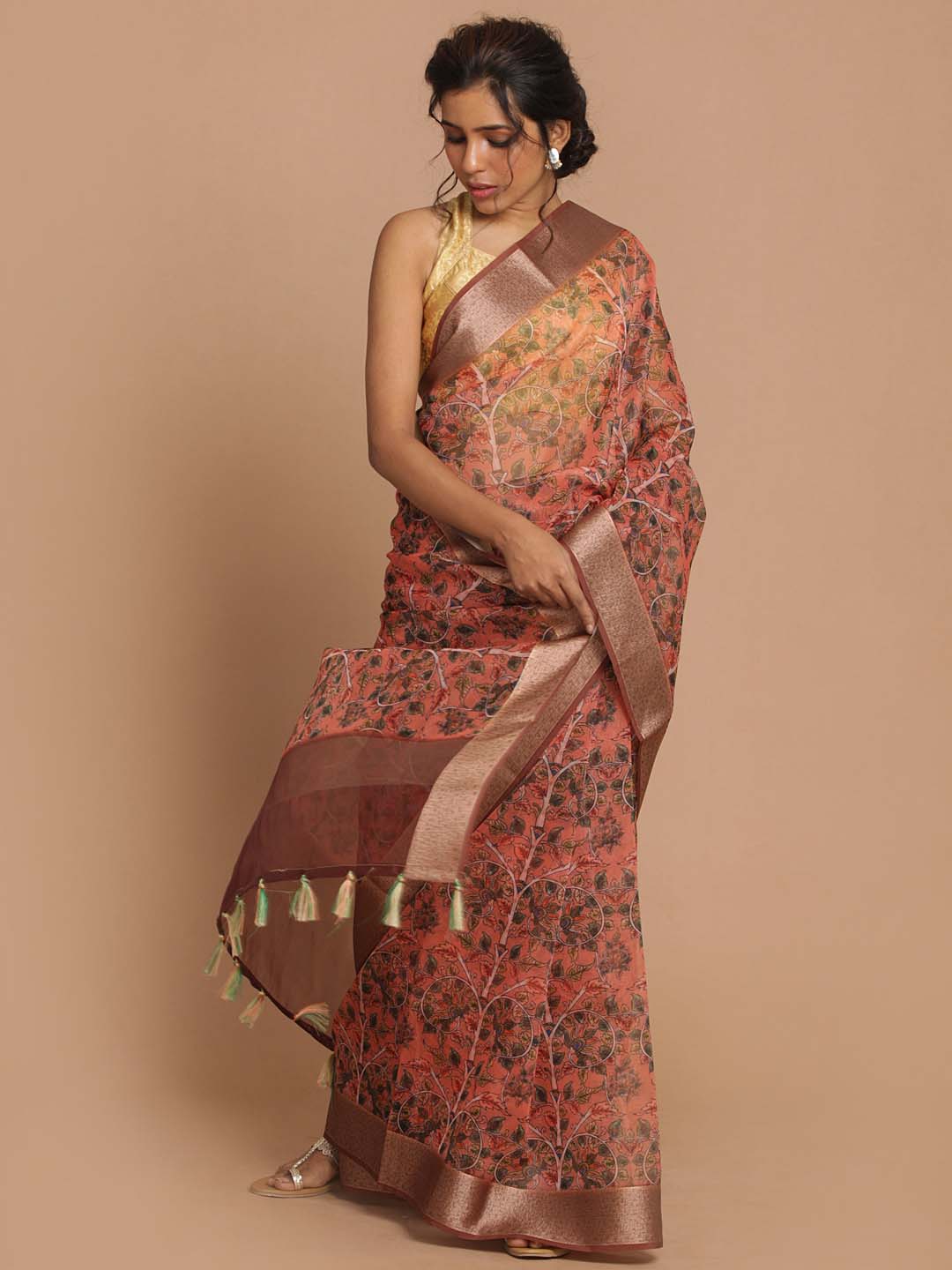 Indethnic Banarasi Rust Printed Party Wear Saree - View 1