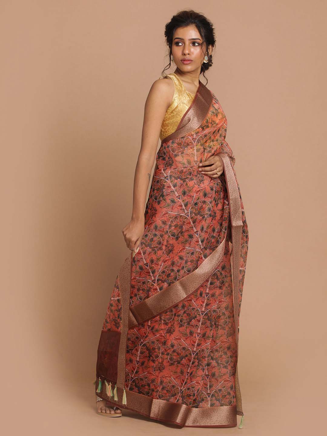 Indethnic Banarasi Rust Printed Party Wear Saree - View 2