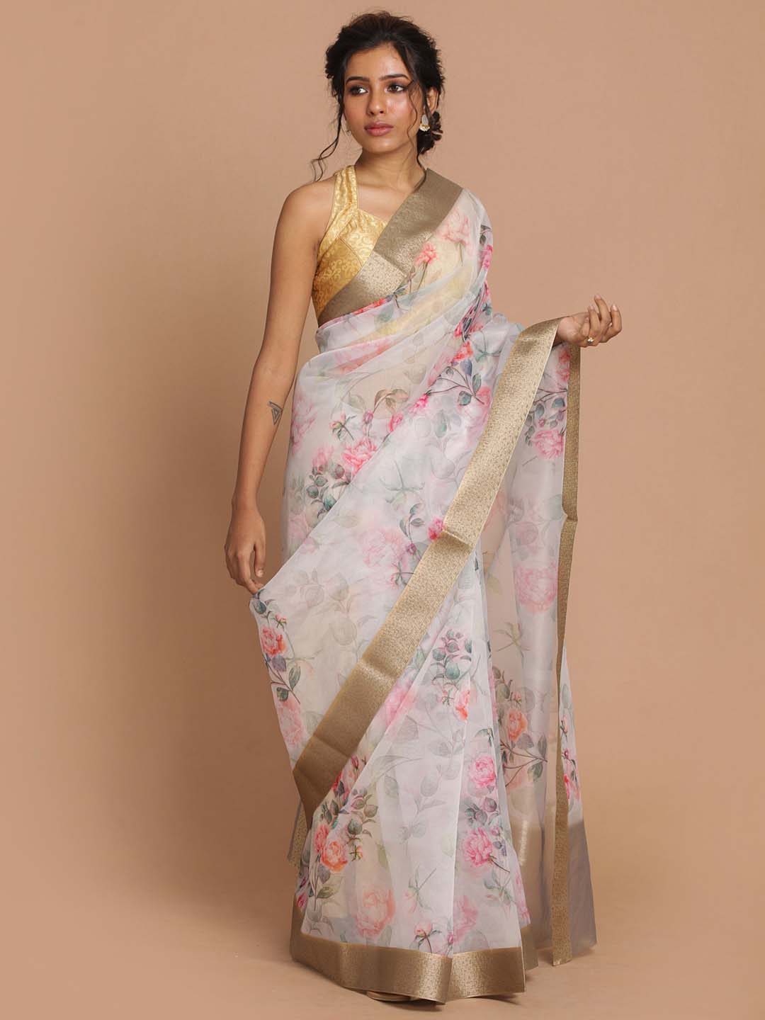 Indethnic Banarasi Silver Printed Party Wear Saree - View 1