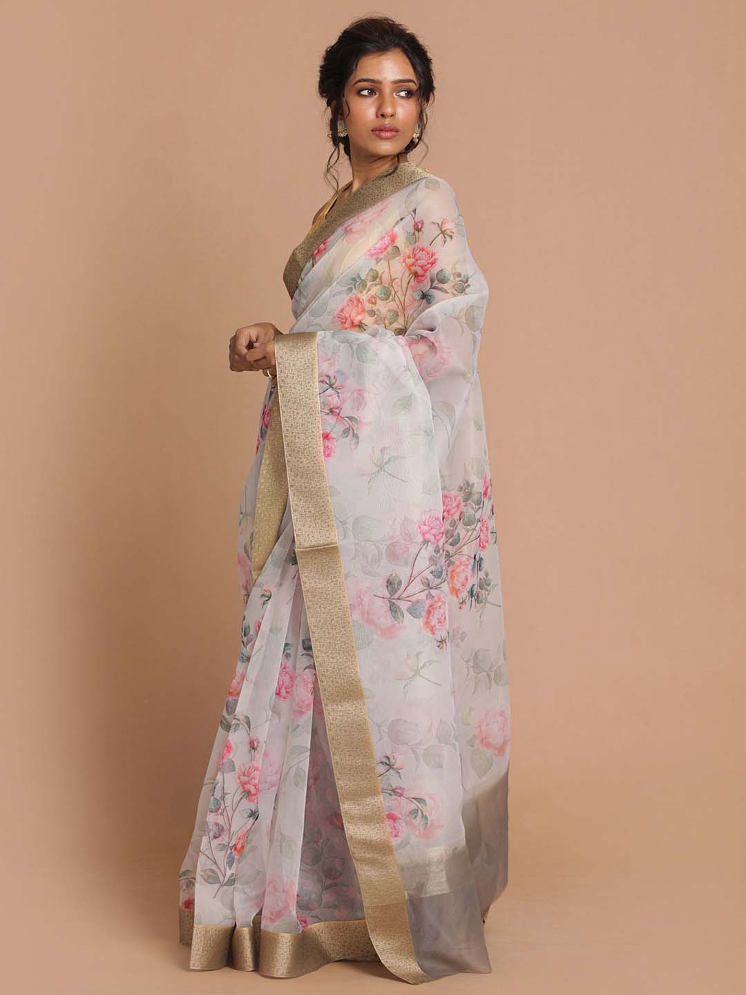 Indethnic Banarasi Silver Printed Party Wear Saree - View 2