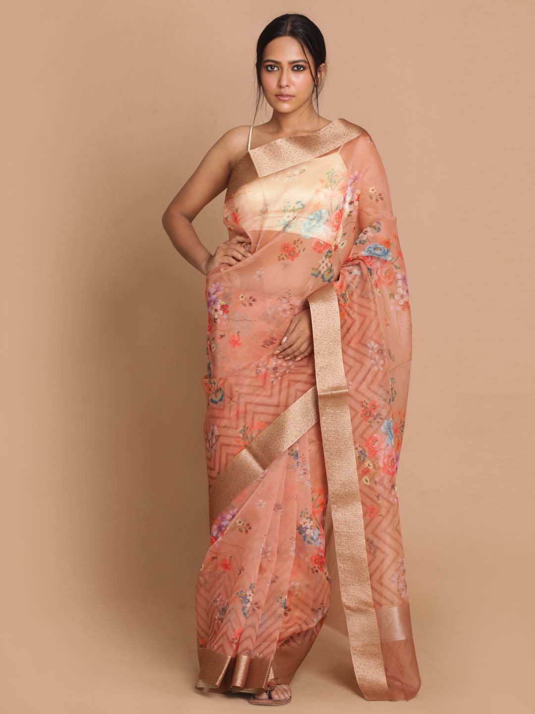 Indethnic Banarasi Tan Printed Party Wear Saree - View 1