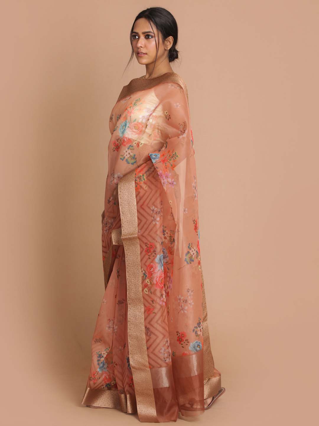 Indethnic Banarasi Tan Printed Party Wear Saree - View 2