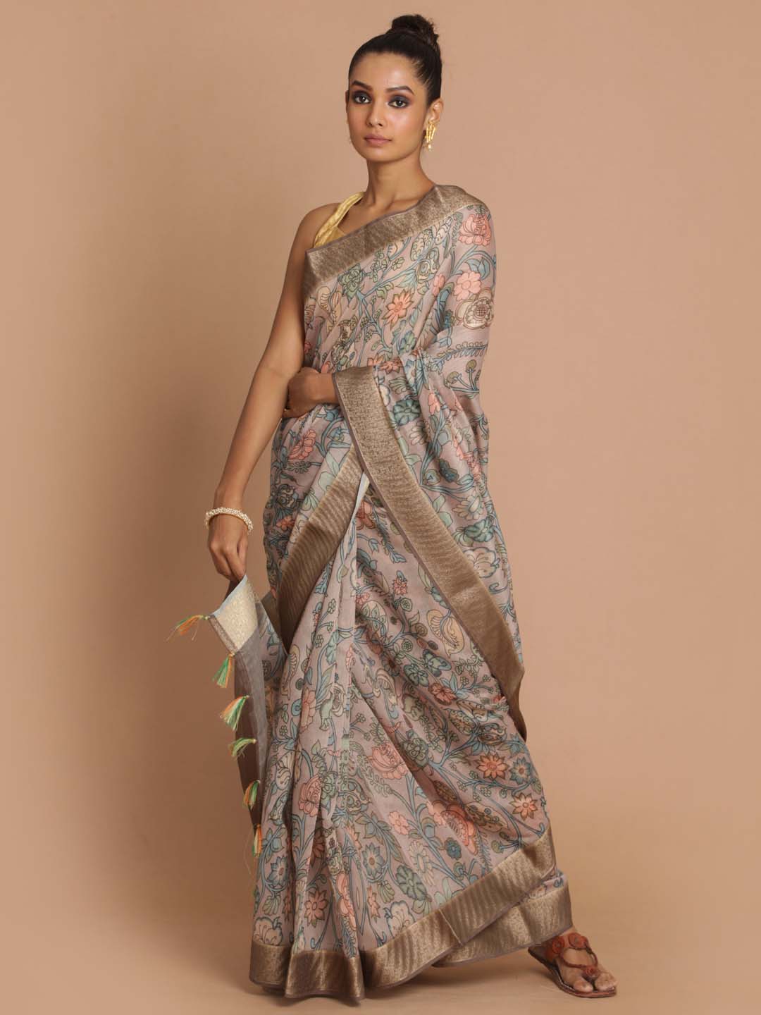 Indethnic Banarasi Tan Printed Party Wear Saree - View 1