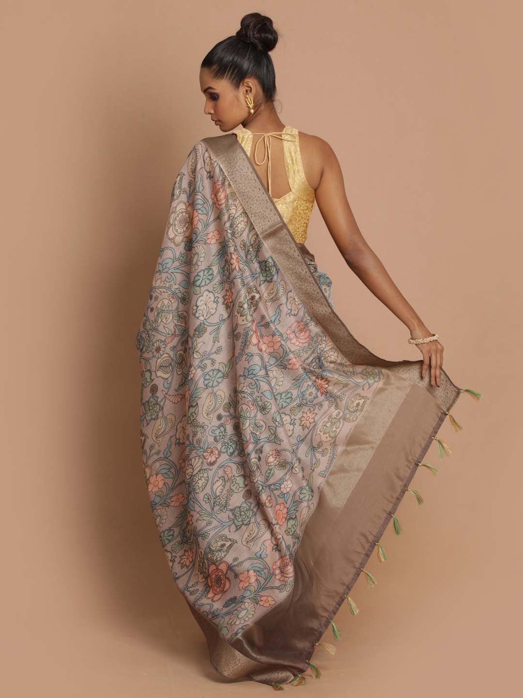 Indethnic Banarasi Tan Printed Party Wear Saree - View 3