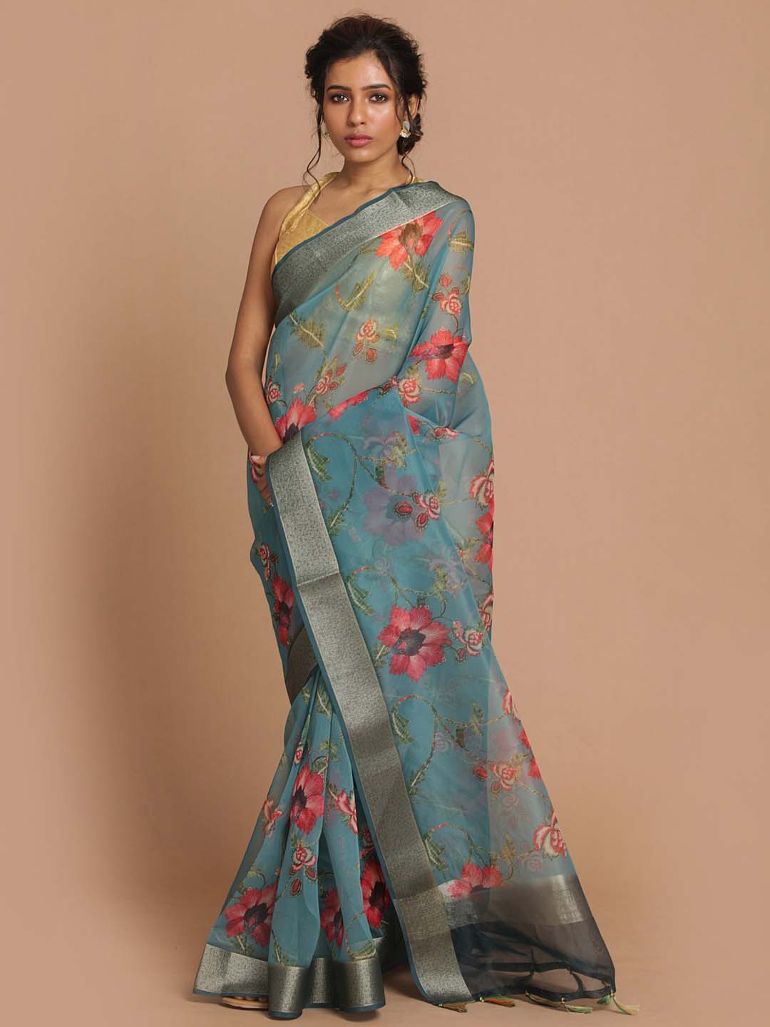 Indethnic Banarasi Teal Printed Party Wear Saree - View 1