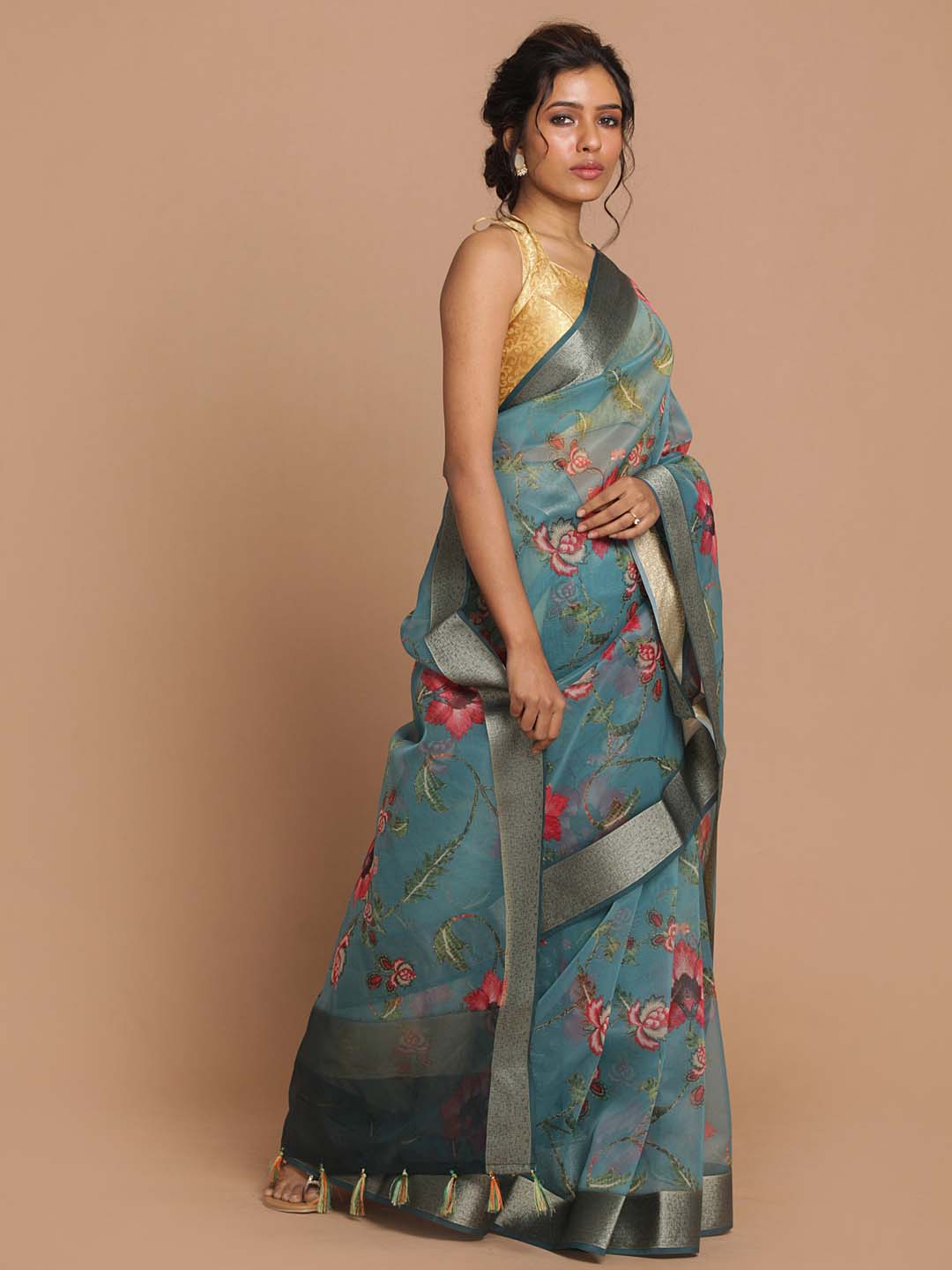 Indethnic Banarasi Teal Printed Party Wear Saree - View 2