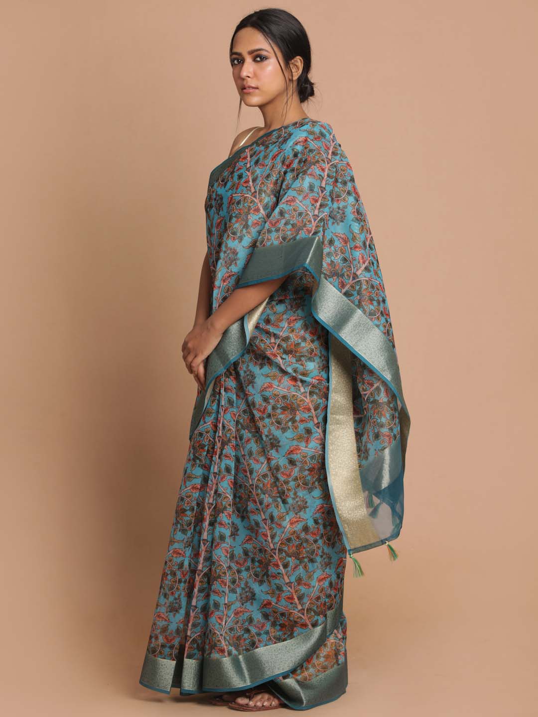 Indethnic Banarasi Turquoise Blue Printed Party Wear Saree - View 1