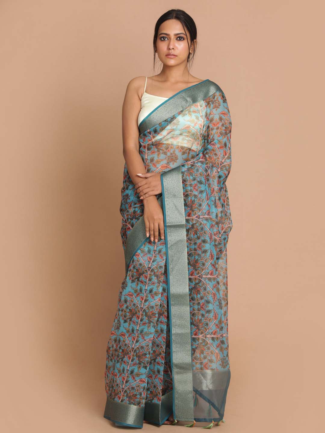 Indethnic Banarasi Turquoise Blue Printed Party Wear Saree - View 1