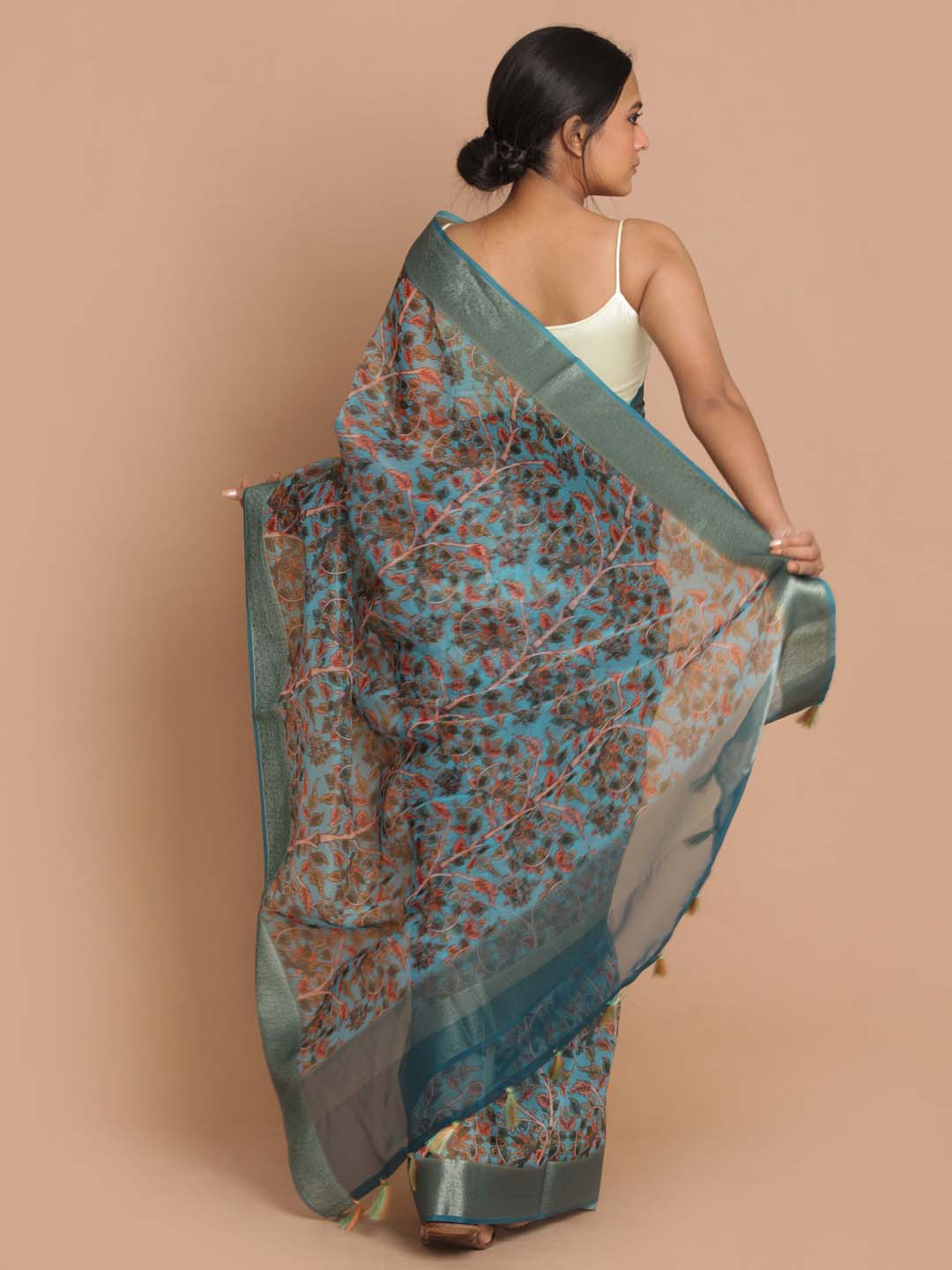 Indethnic Banarasi Turquoise Blue Printed Party Wear Saree - View 3