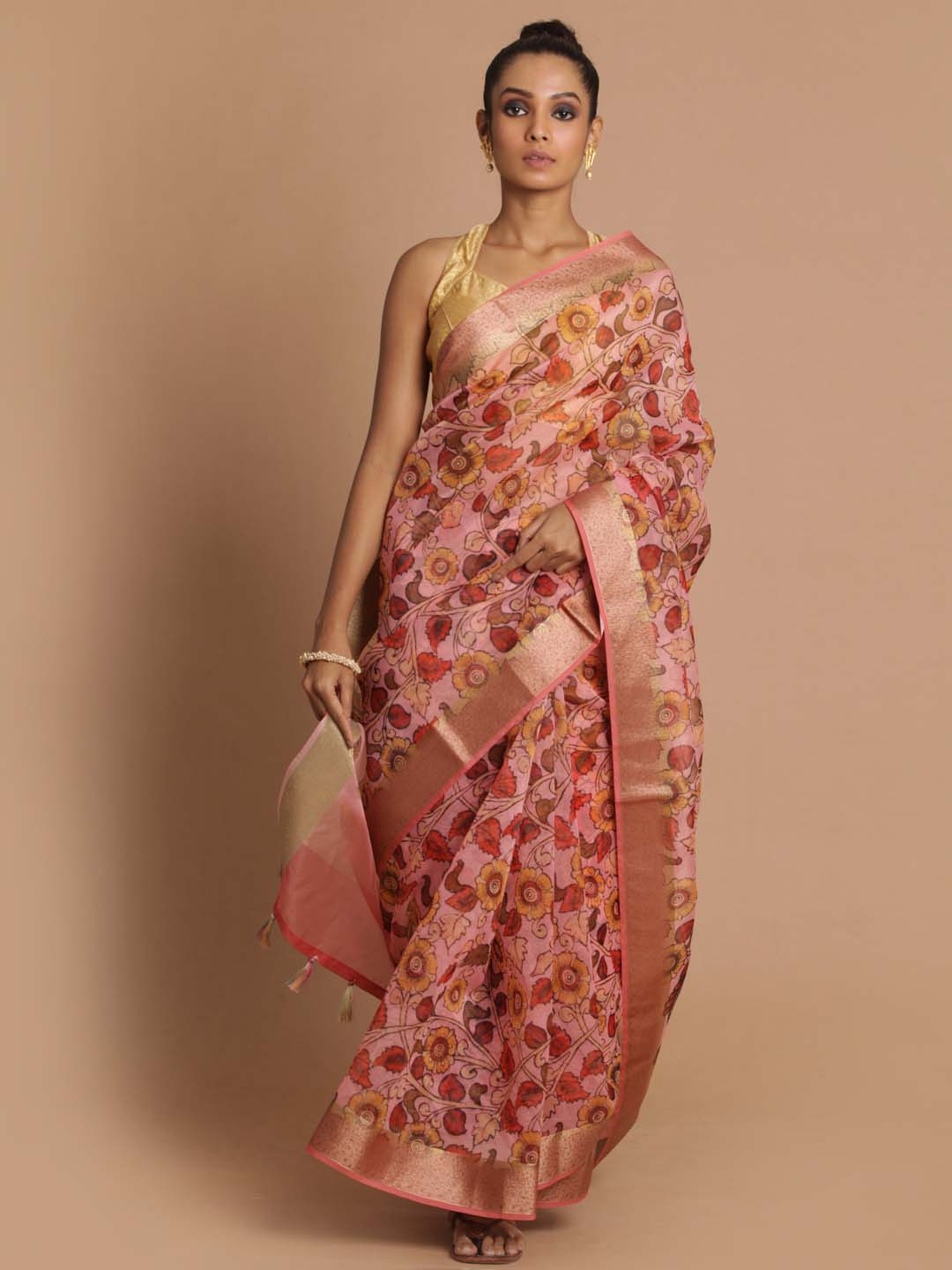 Indethnic Banarasi Pink Printed Party Wear Saree - View 1