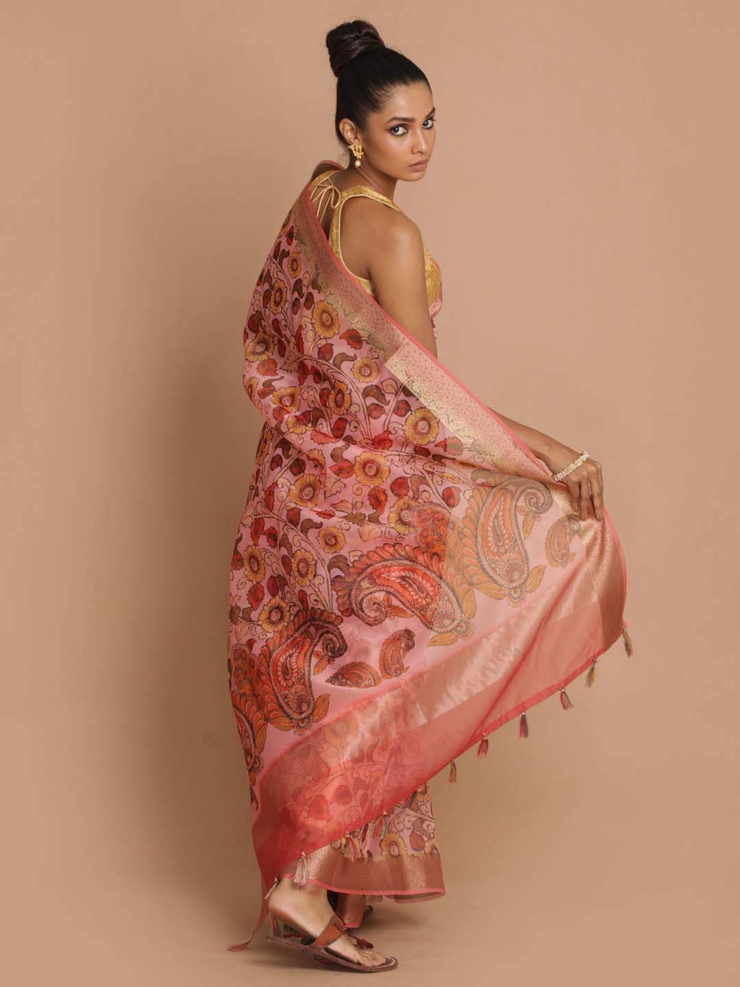 Indethnic Banarasi Pink Printed Party Wear Saree - View 3