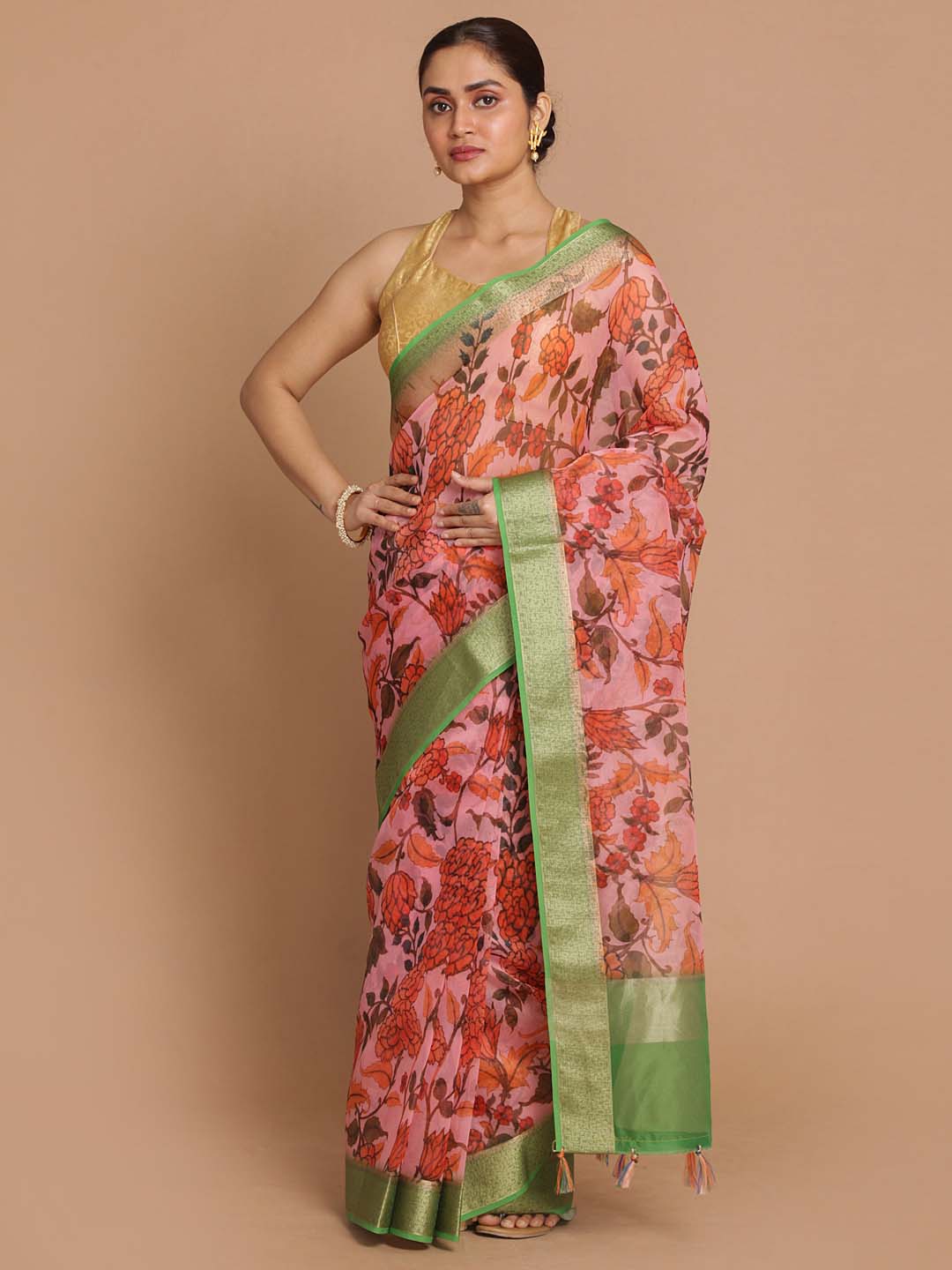 Indethnic Banarasi Pink Printed Party Wear Saree - View 1