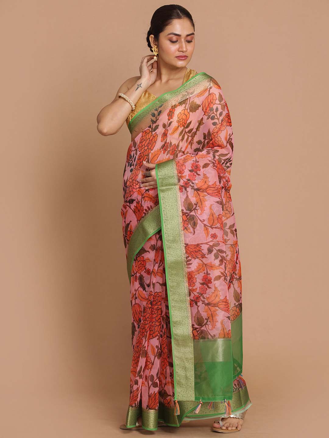 Indethnic Banarasi Pink Printed Party Wear Saree - View 2