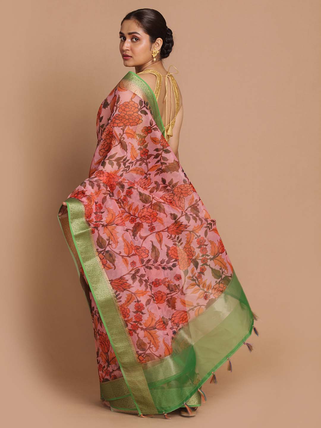 Indethnic Banarasi Pink Printed Party Wear Saree - View 3