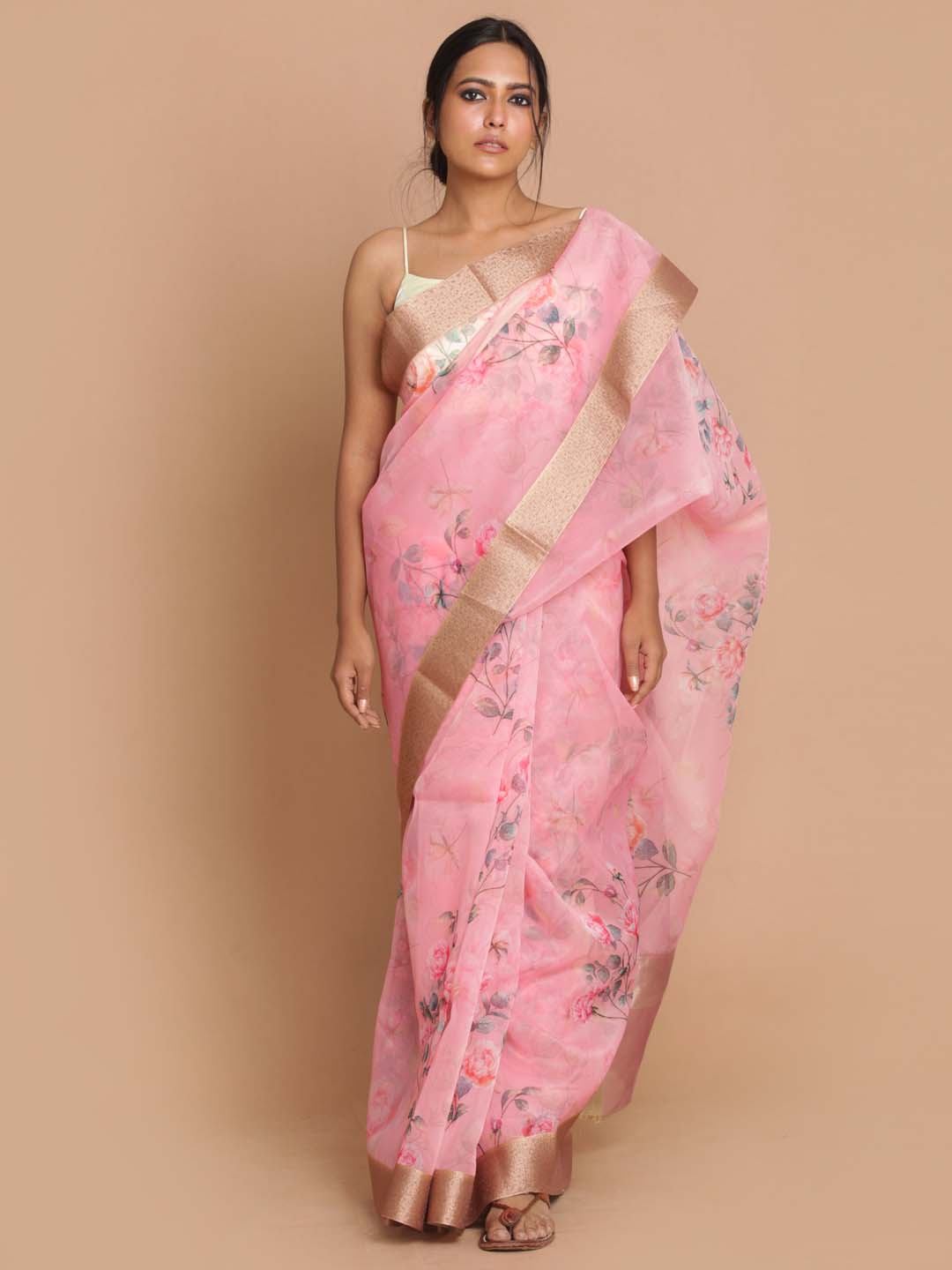 Indethnic Banarasi Pink Printed Party Wear Saree - View 1