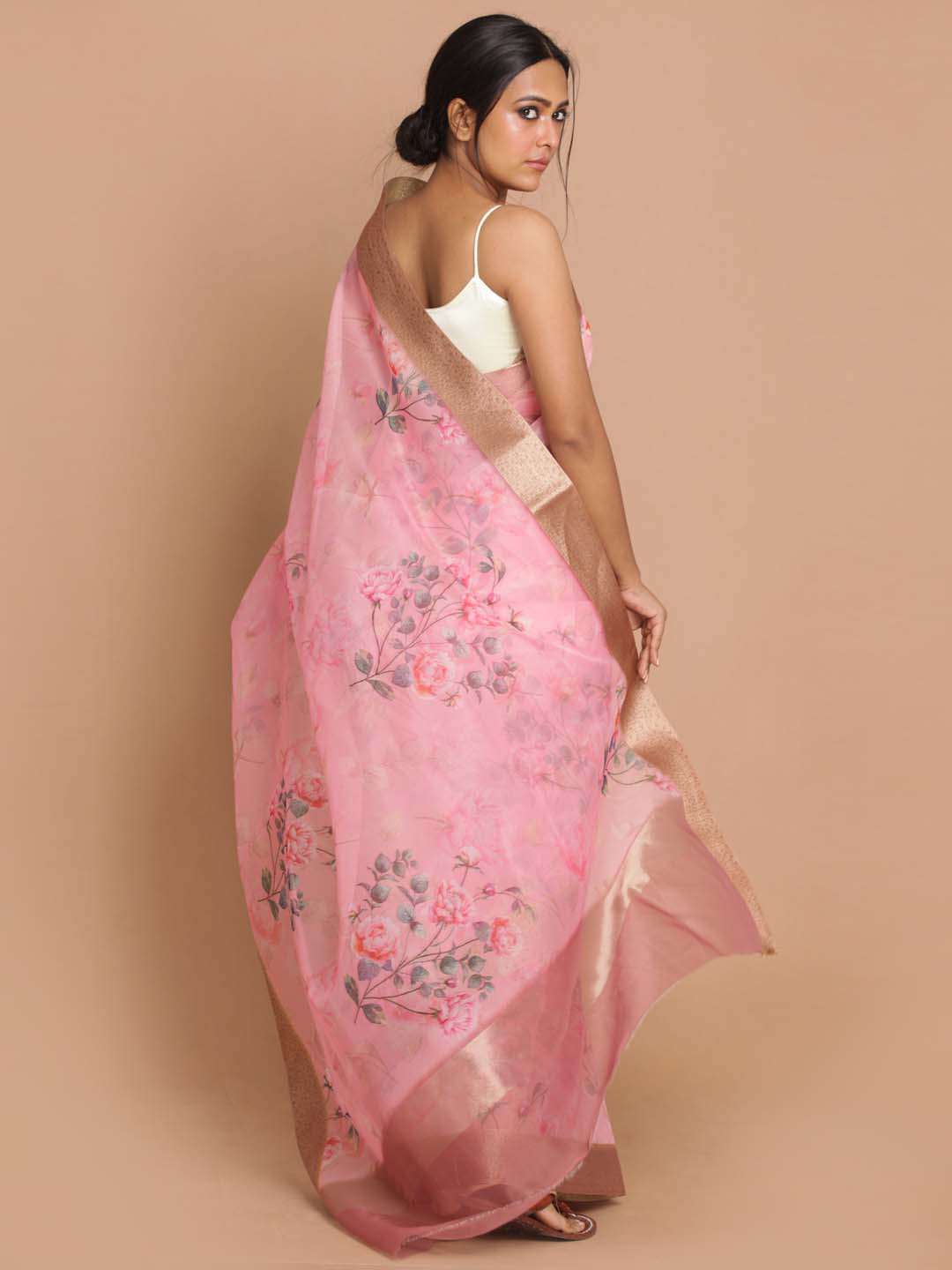 Indethnic Banarasi Pink Printed Party Wear Saree - View 3
