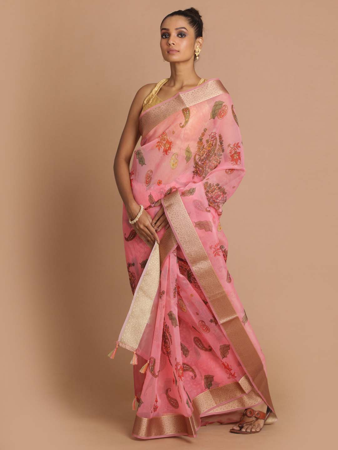 Indethnic Banarasi Pink Printed Party Wear Saree - View 1