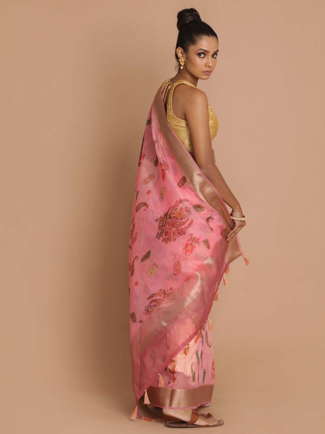 Indethnic Banarasi Pink Printed Party Wear Saree - View 3