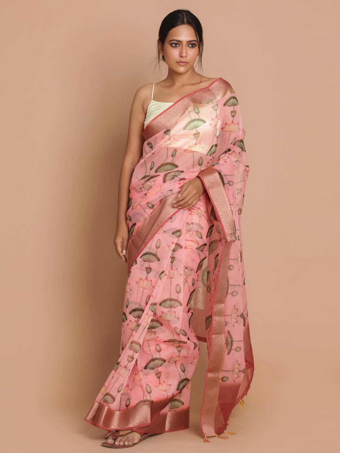 Indethnic Banarasi Pink Printed Party Wear Saree - View 1