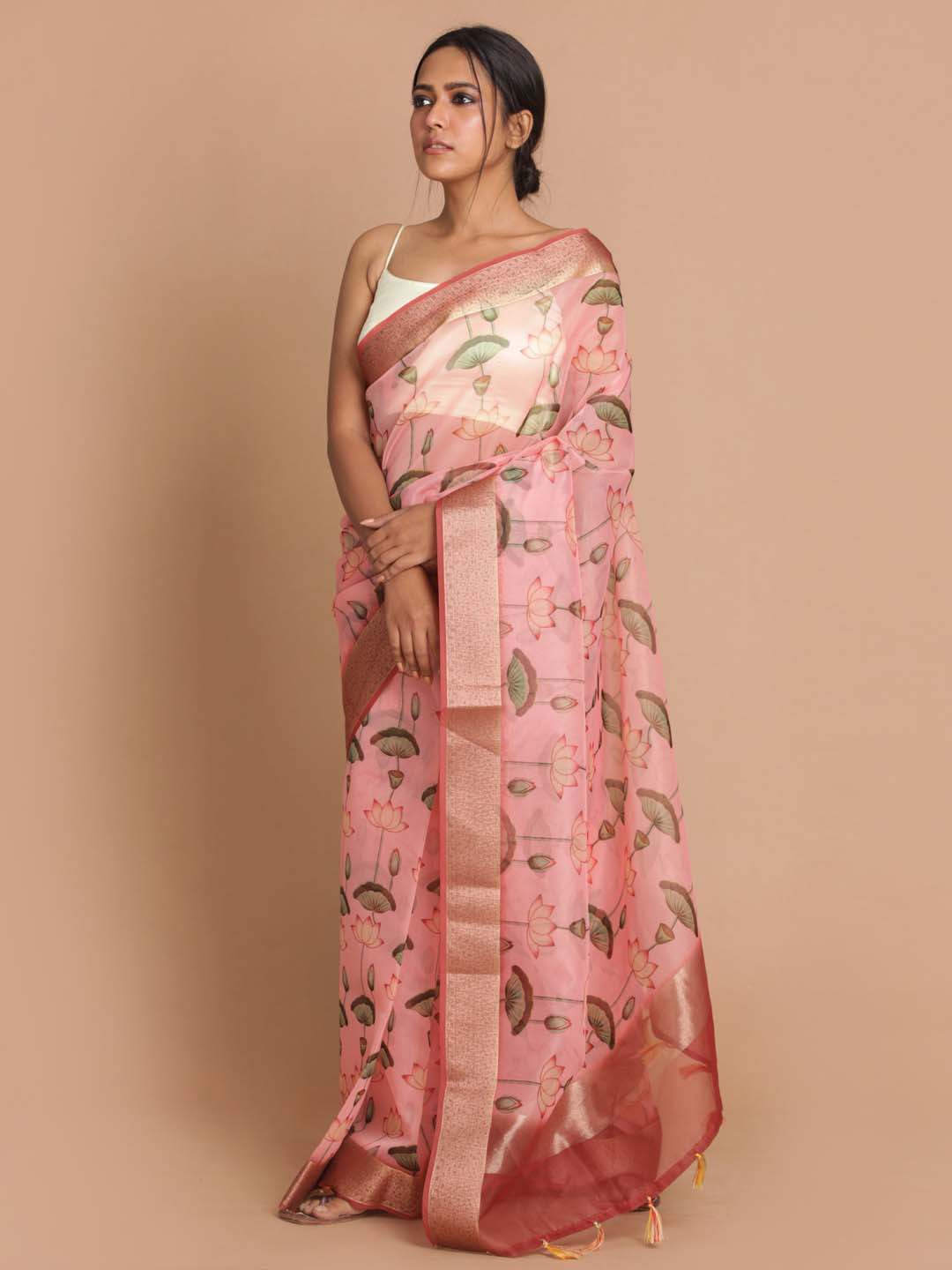 Indethnic Banarasi Pink Printed Party Wear Saree - View 2