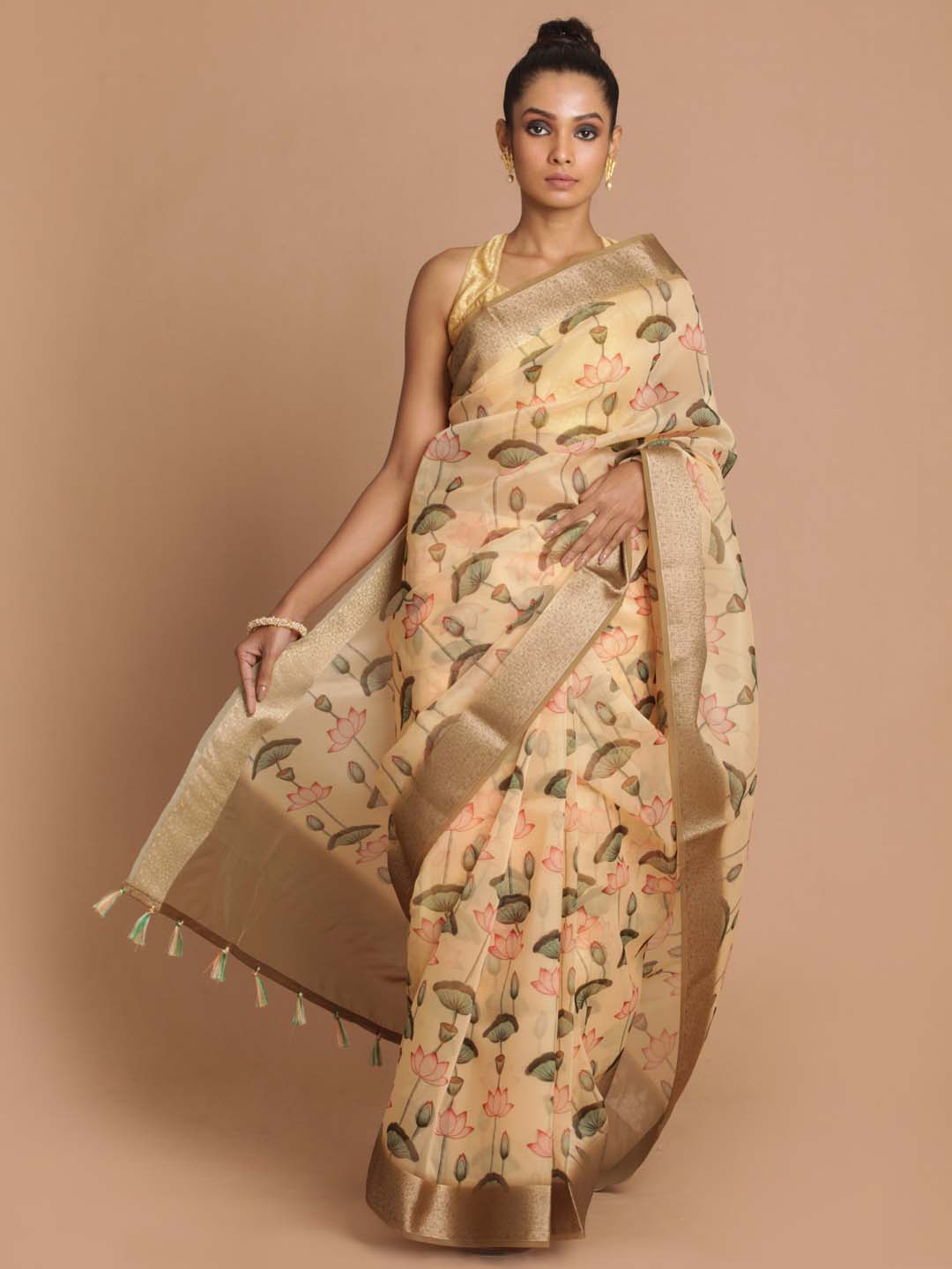 Indethnic Banarasi Yellow Printed Party Wear Saree - View 1