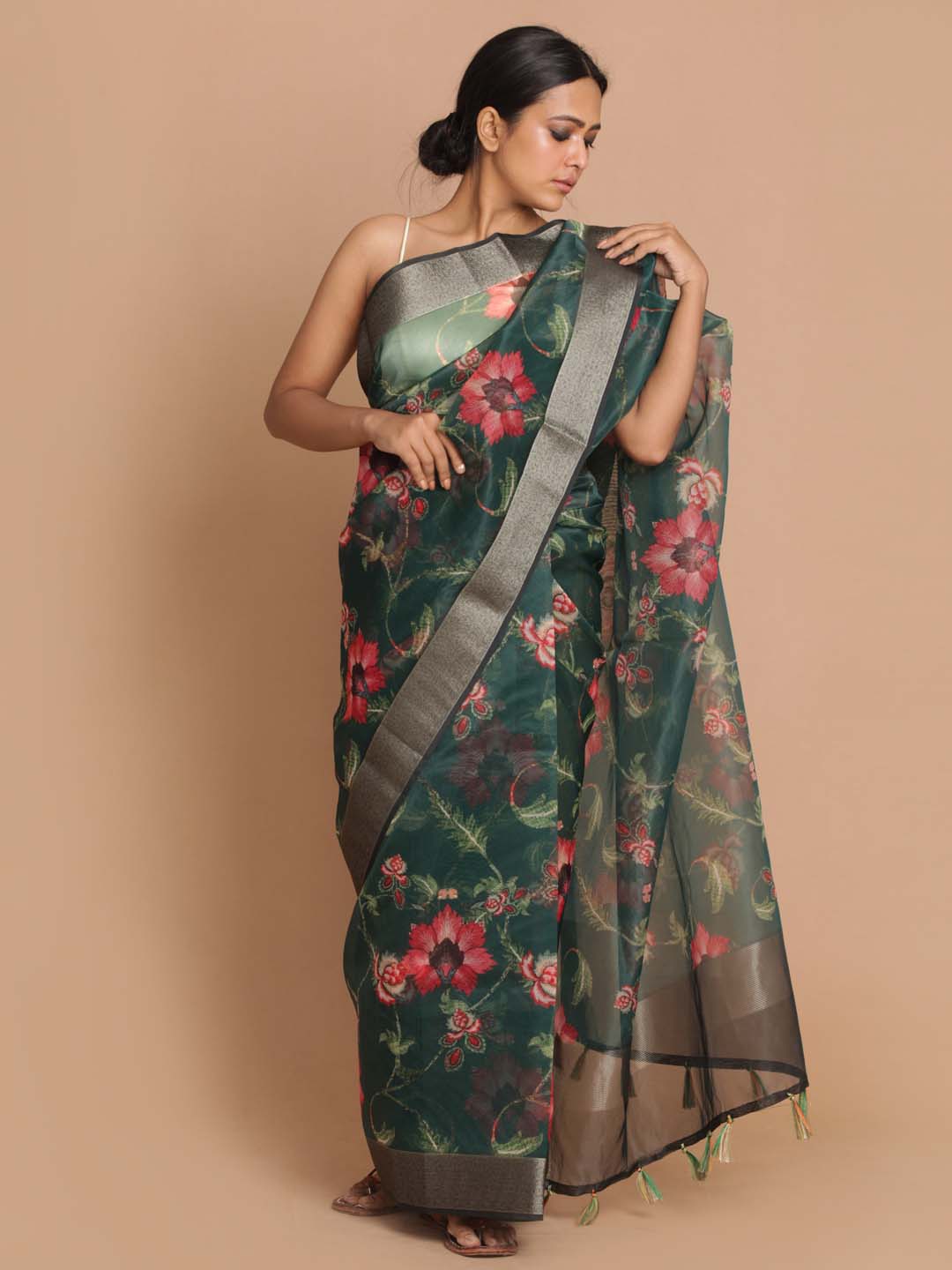 Indethnic Banarasi Bottle Green Printed Party Wear Saree - View 1