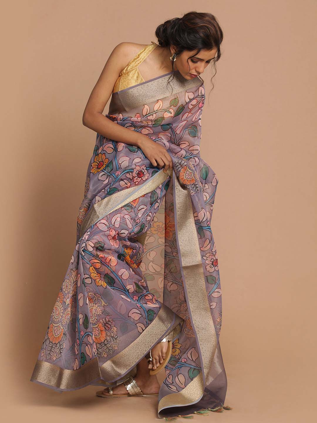 Indethnic Banarasi Steel Grey Printed Party Wear Saree - View 1