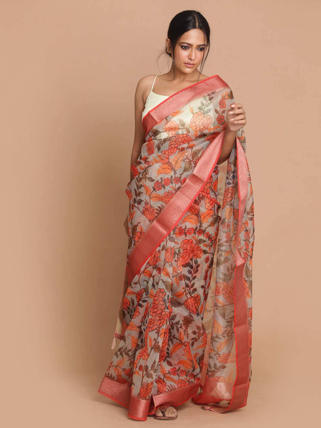 Indethnic Banarasi Pista Printed Party Wear Saree - View 1