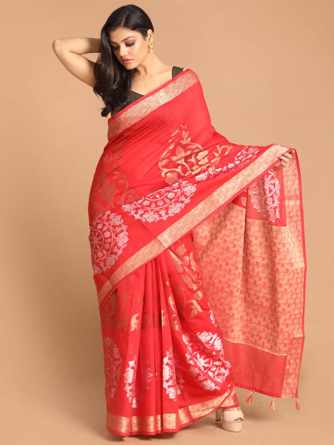 Indethnic Banarasi Red Woven Design Festive Wear Saree - View 1