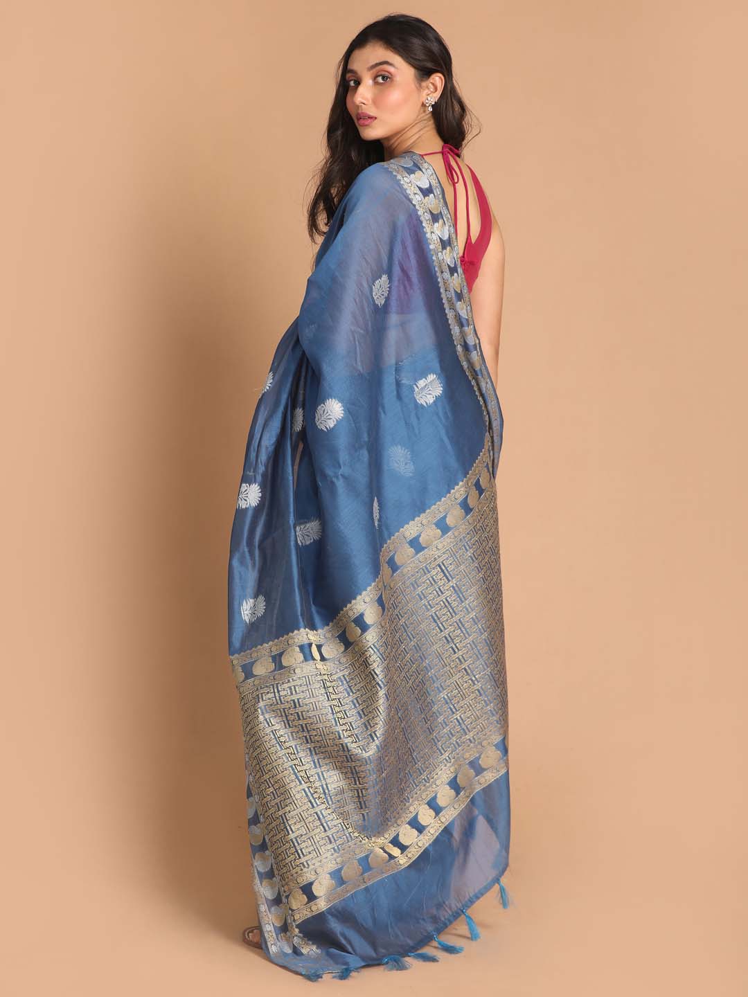 Indethnic Banarasi Blue Woven Design Daily Wear Saree - View 3