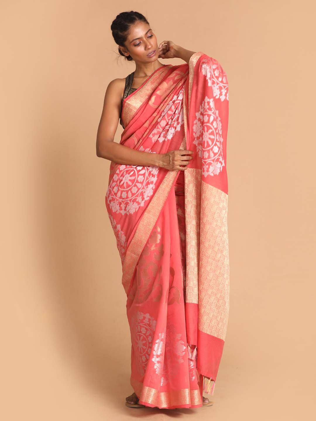 Indethnic Banarasi Coral Woven Design Festive Wear Saree - View 1