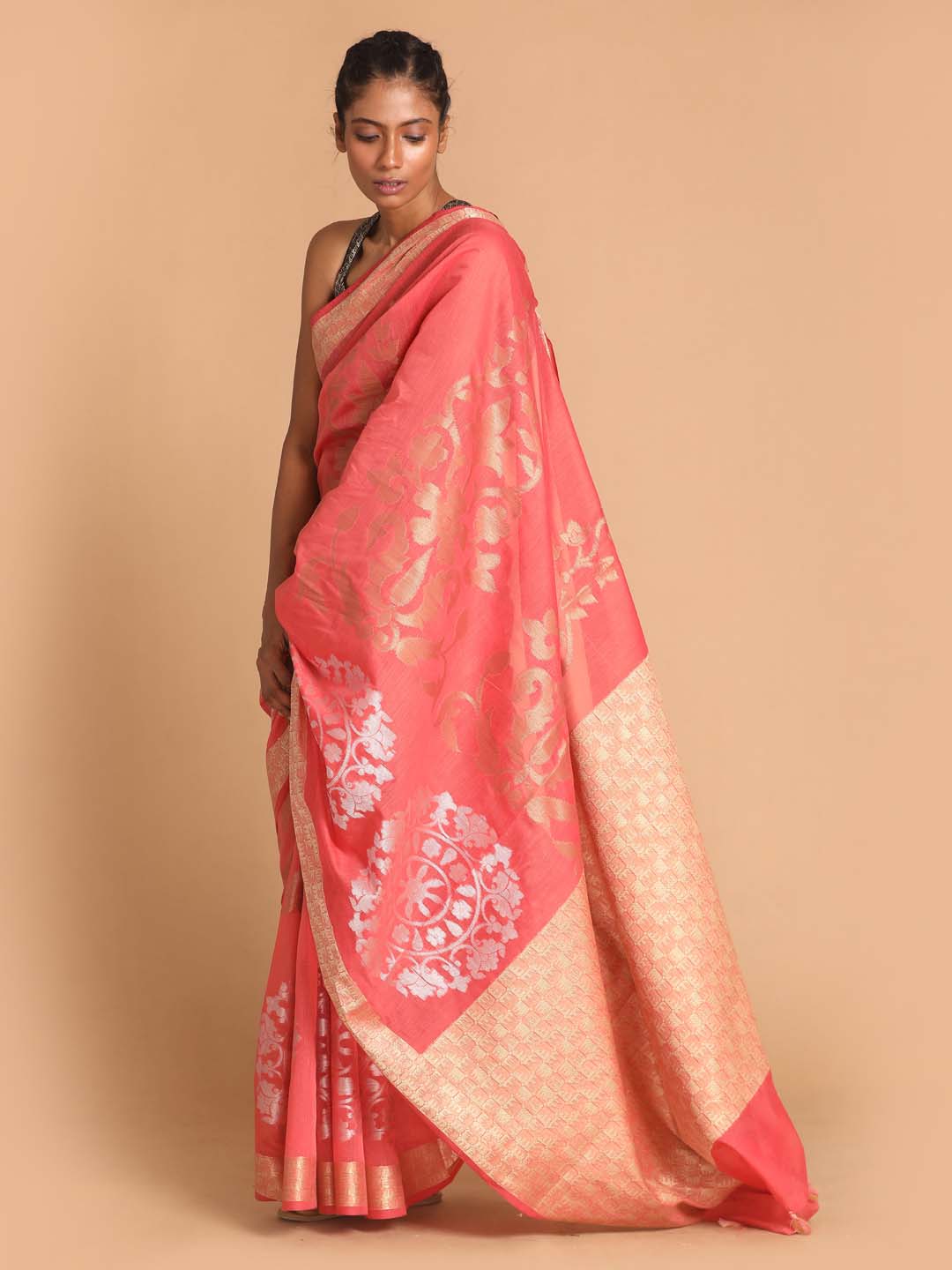 Indethnic Banarasi Coral Woven Design Festive Wear Saree - View 1