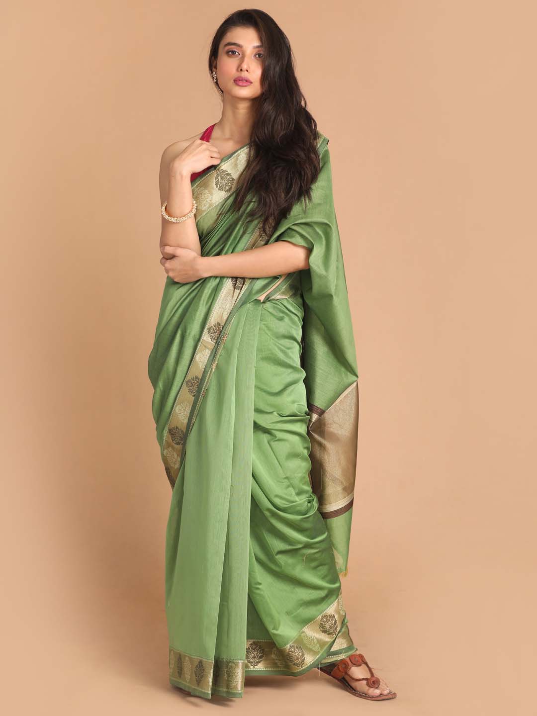 Indethnic Banarasi Green Solid Work Wear Saree - View 1