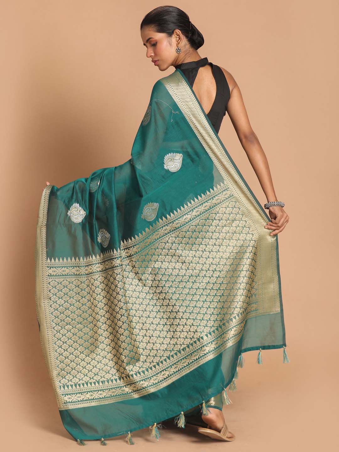 Indethnic Banarasi Green Woven Design Festive Wear Saree - View 3