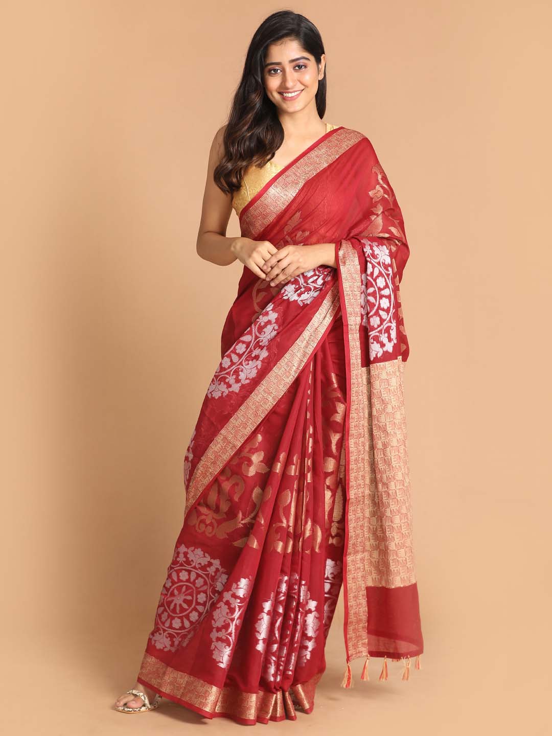 Indethnic Banarasi Maroon Woven Design Festive Wear Saree - View 1