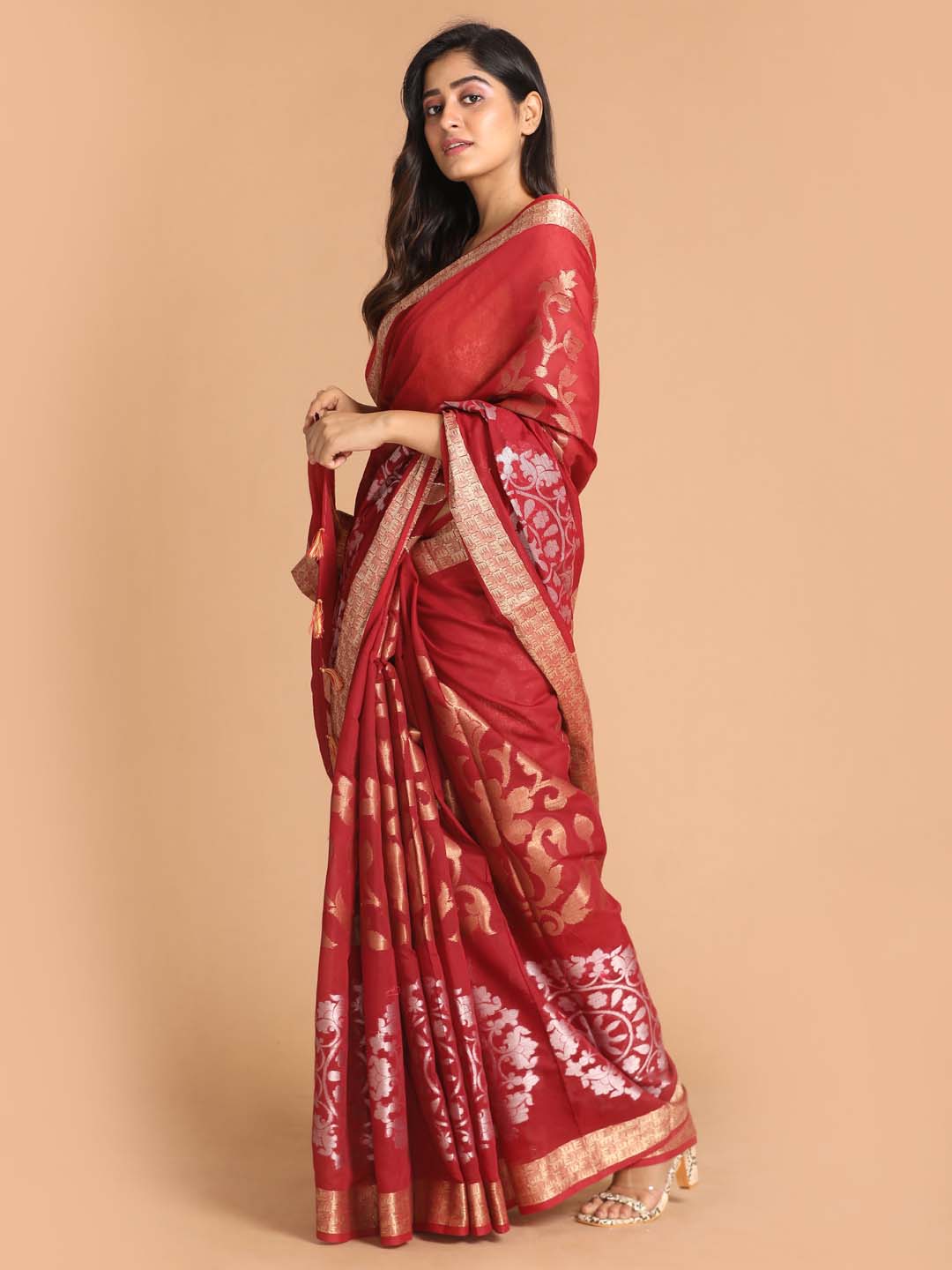 Indethnic Banarasi Maroon Woven Design Festive Wear Saree - View 2