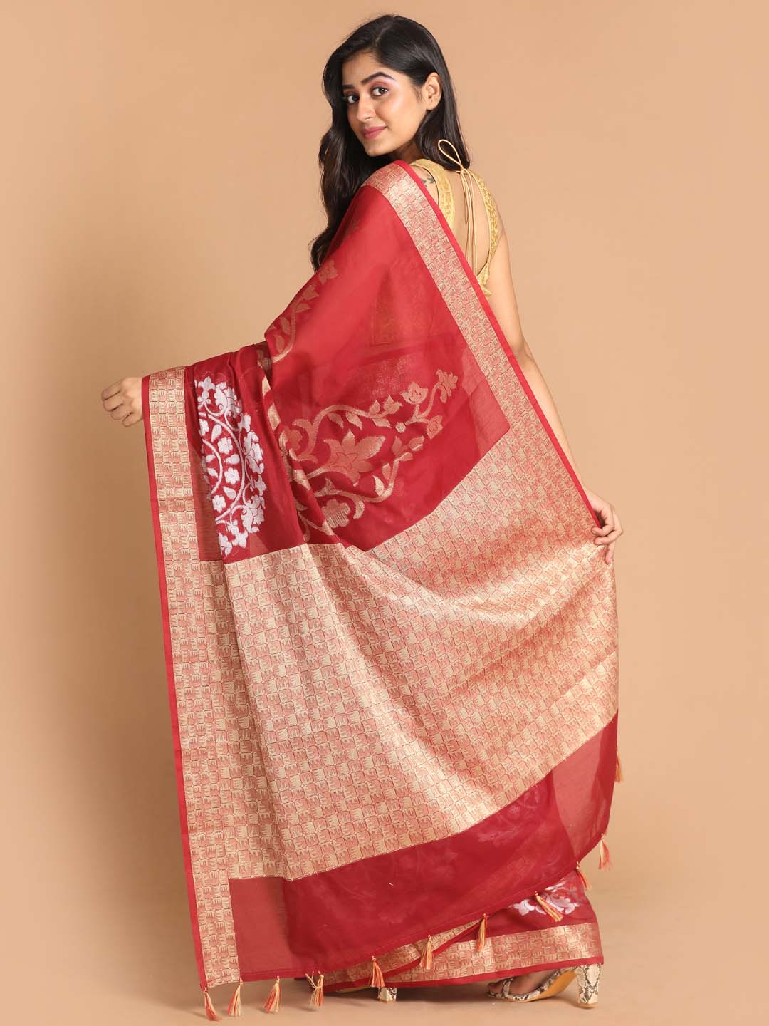 Indethnic Banarasi Maroon Woven Design Festive Wear Saree - View 3