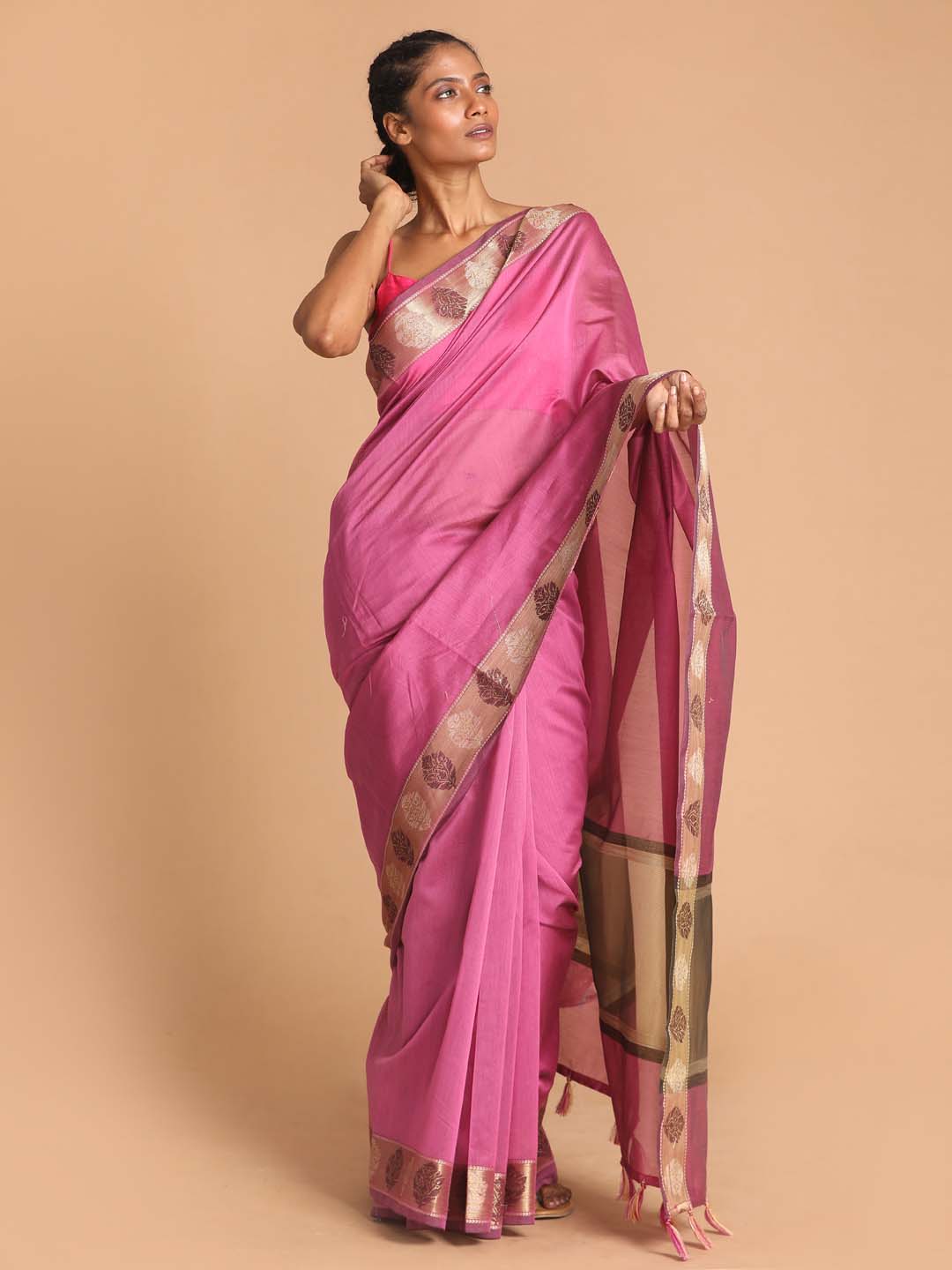 Indethnic Banarasi Purple Solid Work Wear Saree - View 1