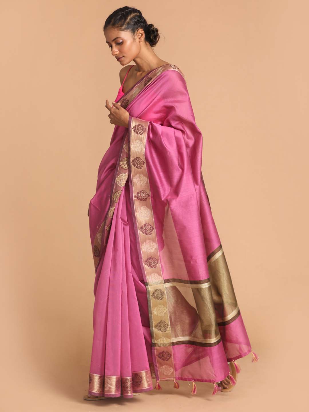 Indethnic Banarasi Purple Solid Work Wear Saree - View 2