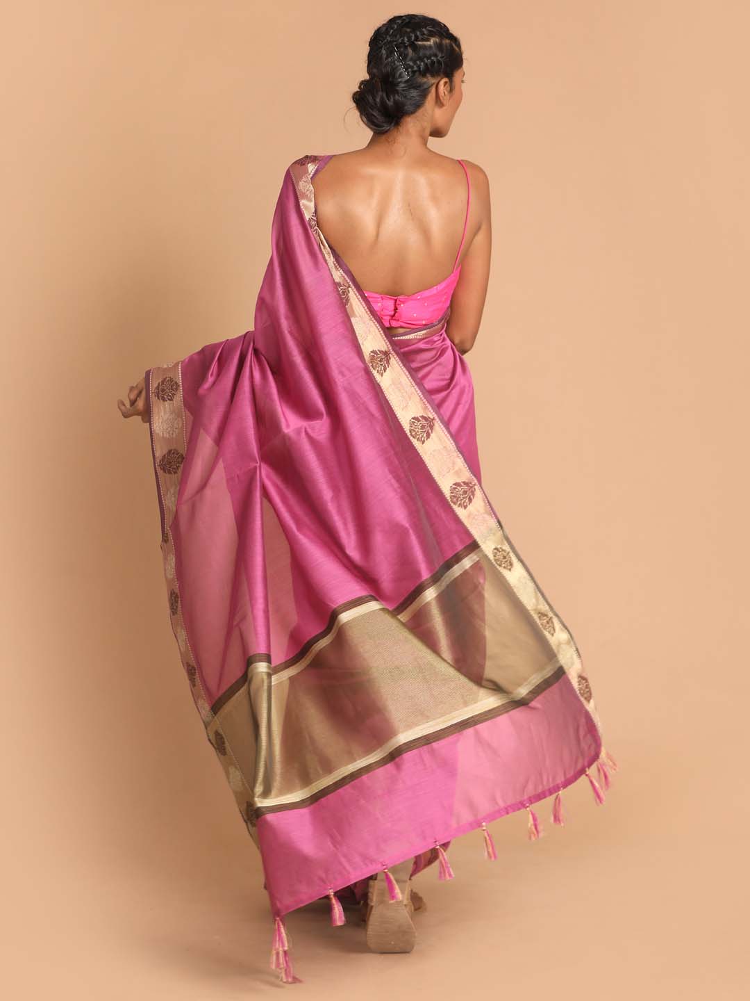 Indethnic Banarasi Purple Solid Work Wear Saree - View 3